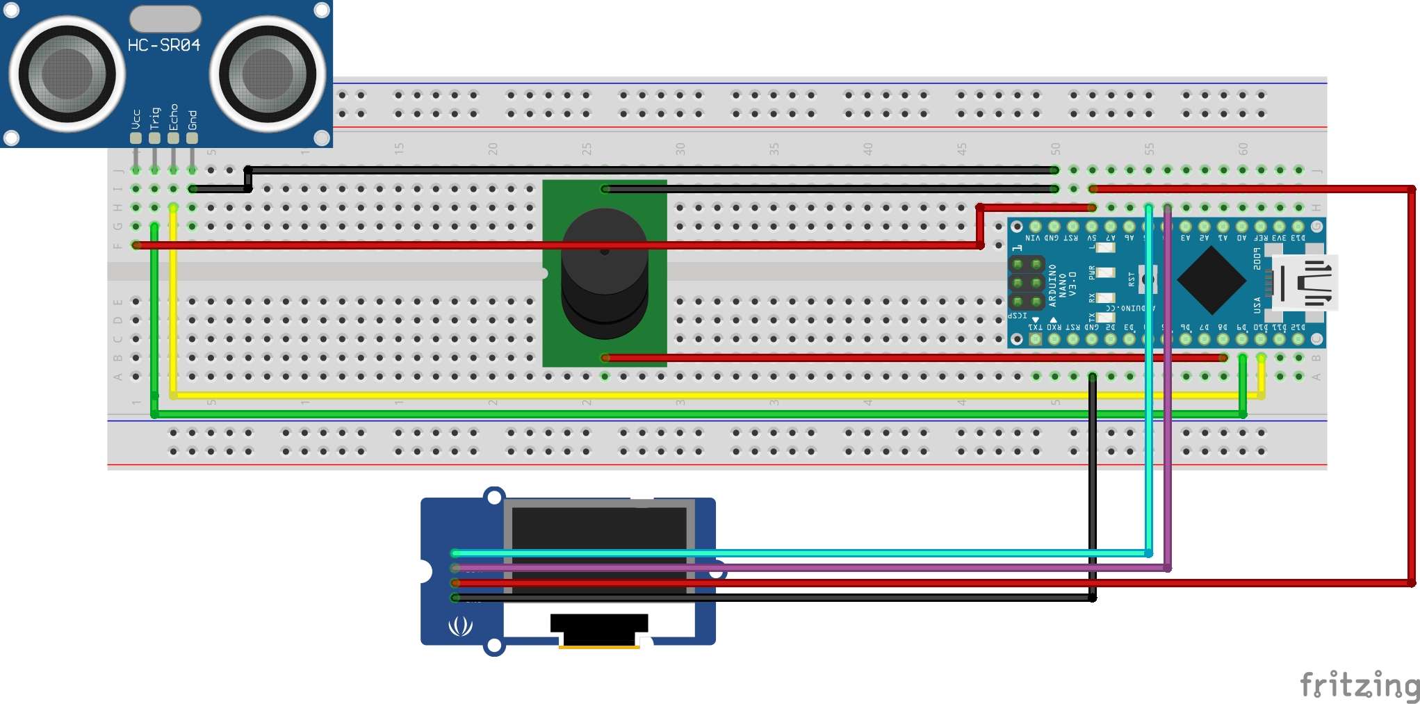 Circuit diagram with OLED, sensor, and buzzer